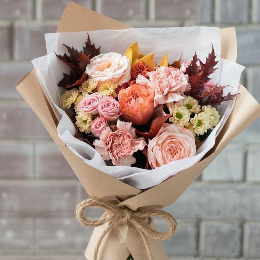 Букет осеннее настроение в Назарово Букет цветов из: Гвоздики, Хризантемы и Розы в Назарово