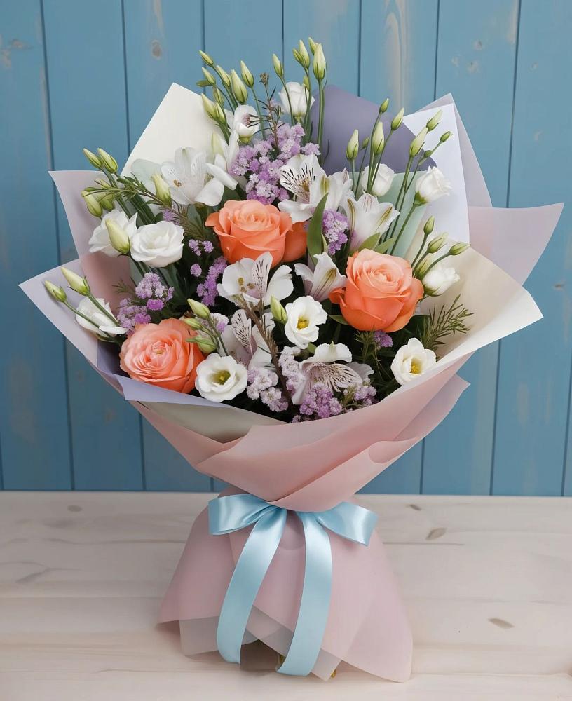 Букет цветов из: Лизиантусы, Розы, Альстромерии и Гипсофила в Назарово