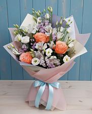 Букет Утренняя свежесть в Назарово Букет цветов из:  Лизиантусы, Розы, Альстромерии и Гипсофила в Назарово