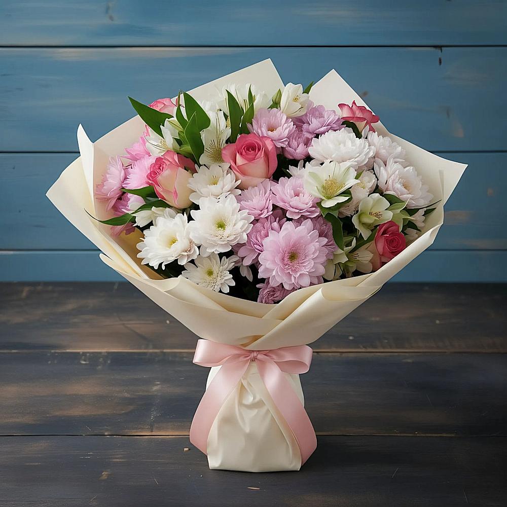 Букет Розовое очарование в Назарово Букет цветов из: Хризантемы, Альстромерии и Розы в Назарово